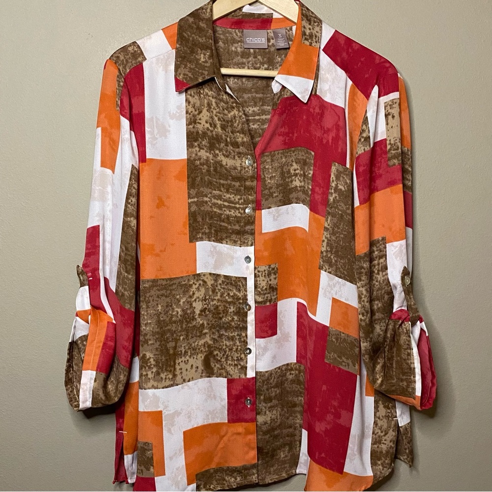 Chico’s Geometric Square Panel Blouse Women XL Brown Orange Brown Artsy Abstract